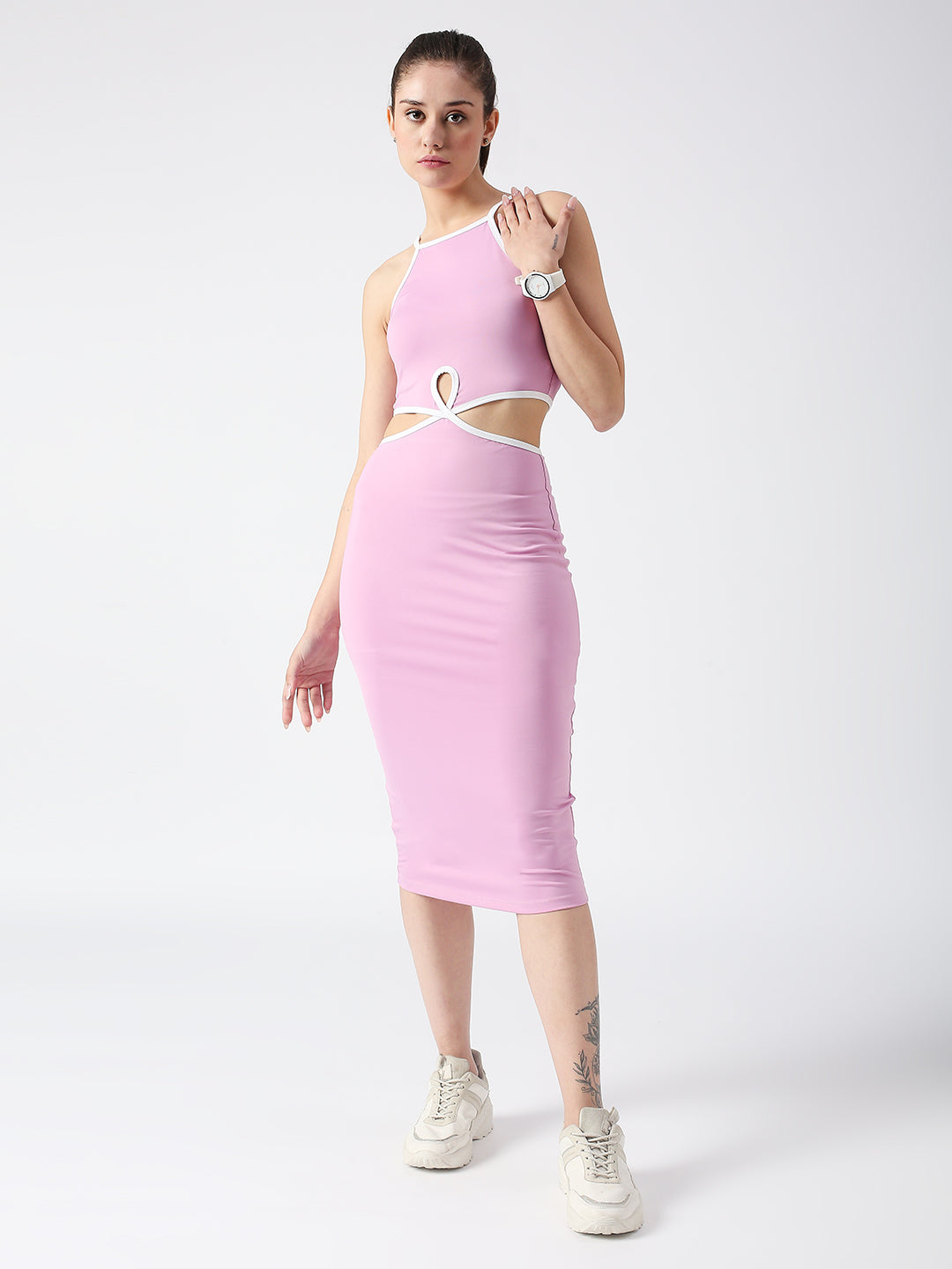 Disrupt Spaghetti neck strappy slim fit lavender cut-out midi dress