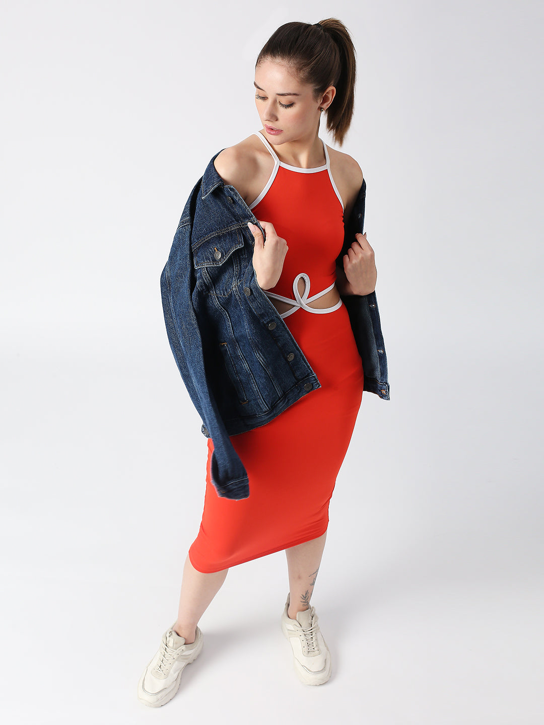 Disrupt Spaghetti neck strappy slim fit red cut-out midi dress
