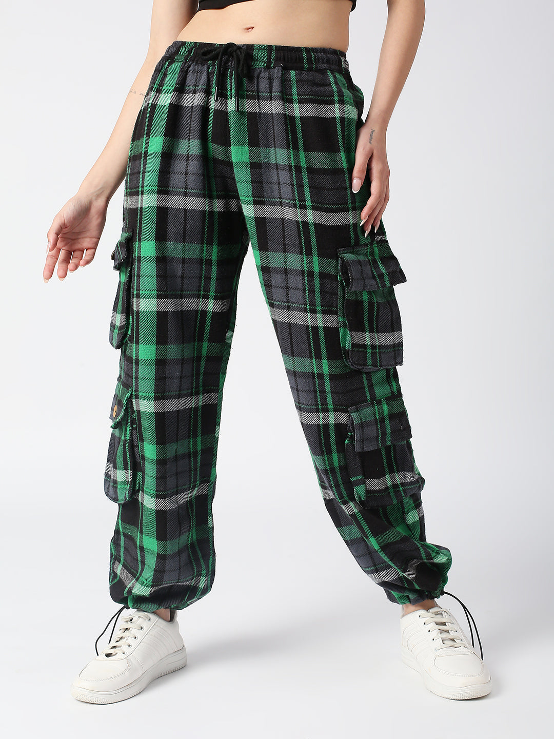 Disrupt Green Checked Baggy Parachute Cargo Pants Women