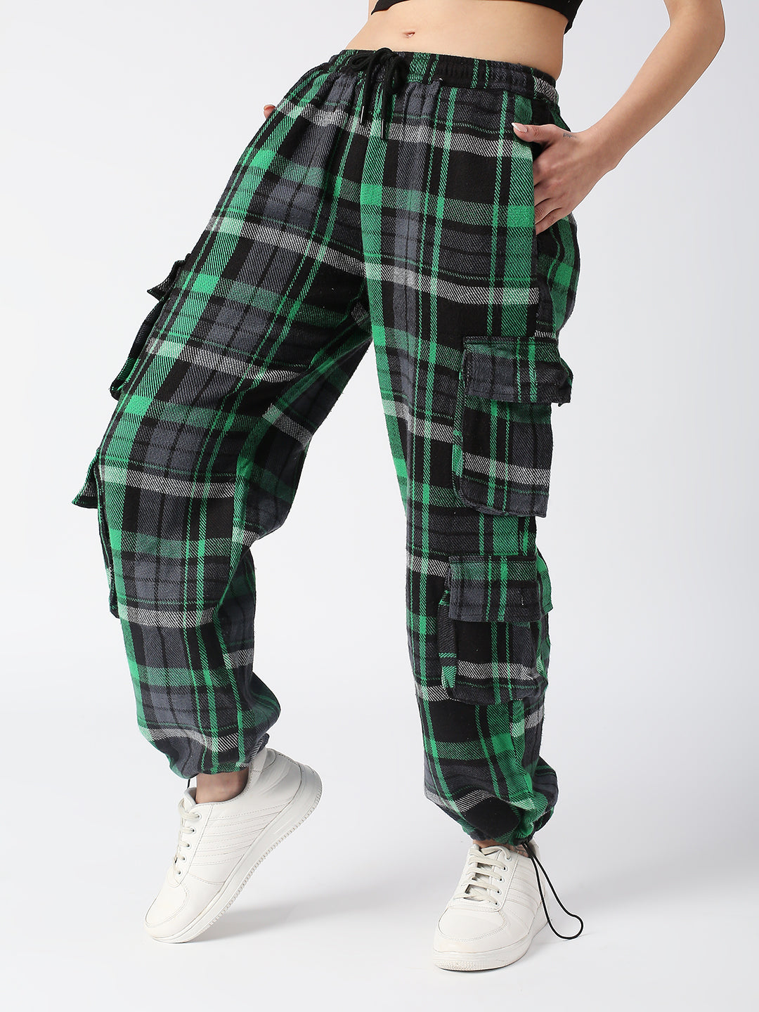 Disrupt Green Checked Baggy Parachute Cargo Pants Women