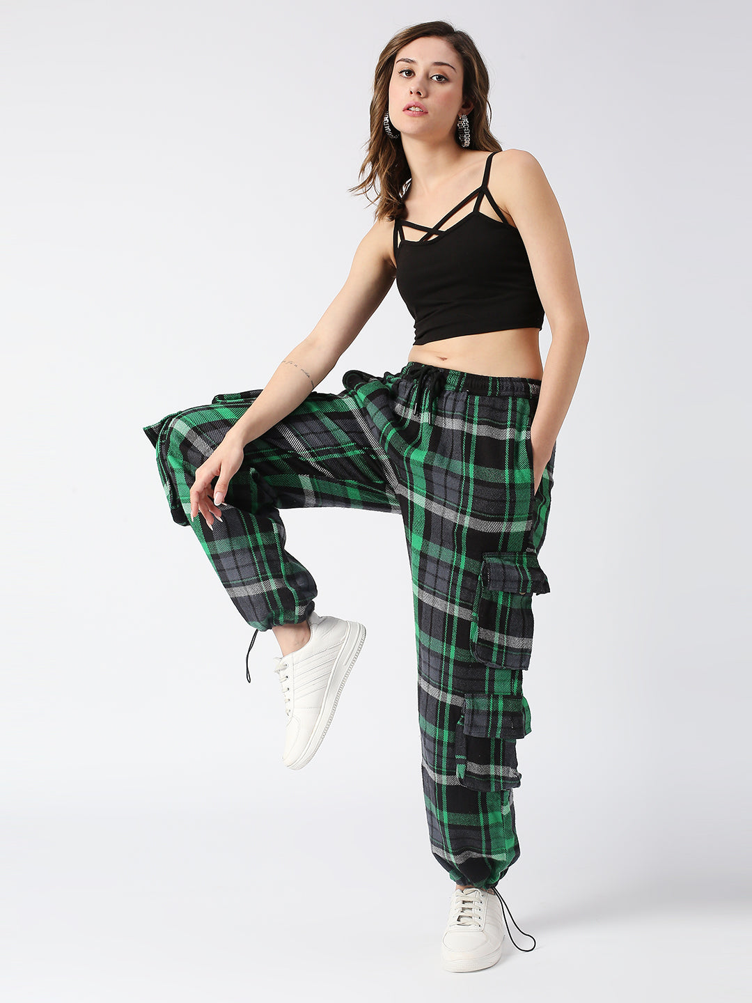 Disrupt Green Checked Baggy Parachute Cargo Pants Women