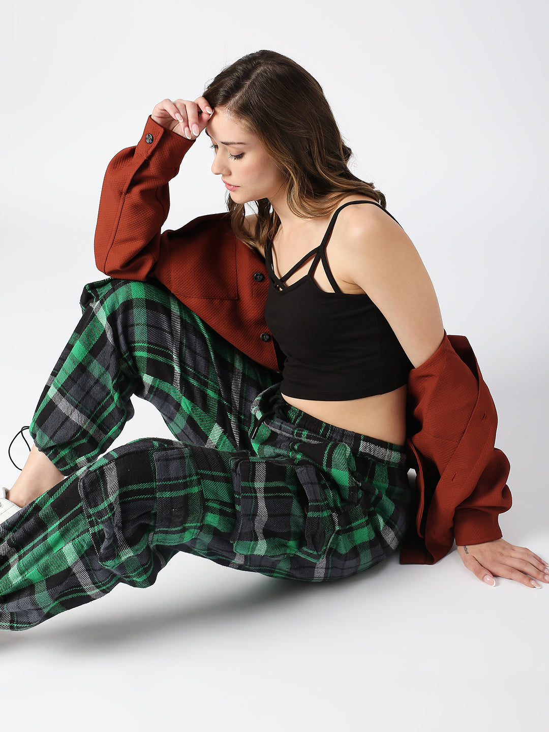 Disrupt Green Checked Baggy Parachute Cargo Pants Women