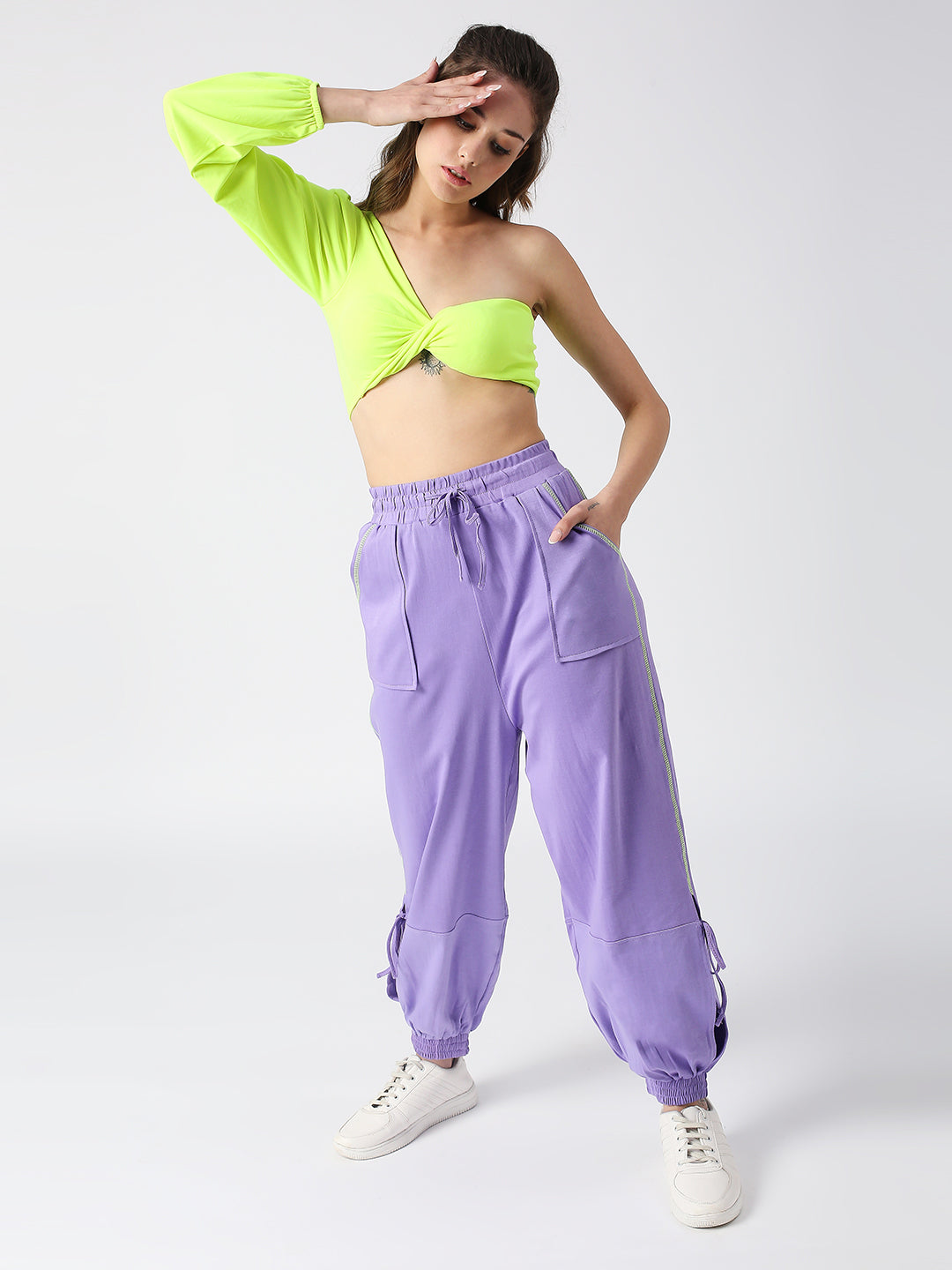 DISRUPT WOMEN NEON GREEN TWISTED ONE SHOULDER SLIM FIT PADDED SUPER CROP TOP