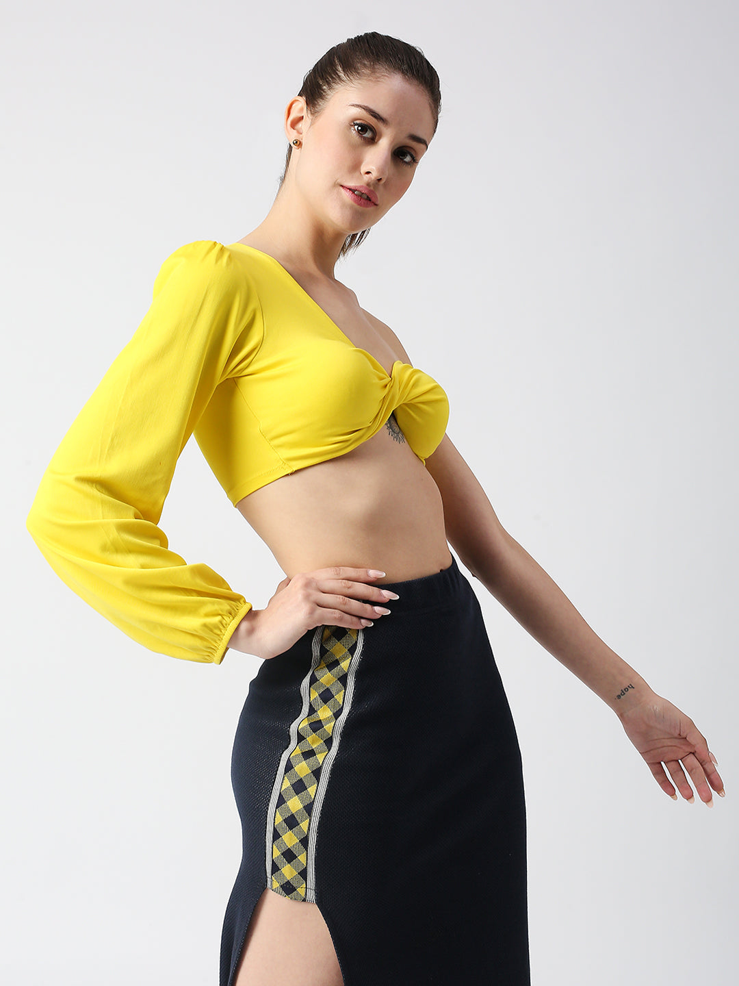 DISRUPT WOMEN YELLOW TWISTED ONE SHOULDER SLIM FIT PADDED SUPER CROP TOP