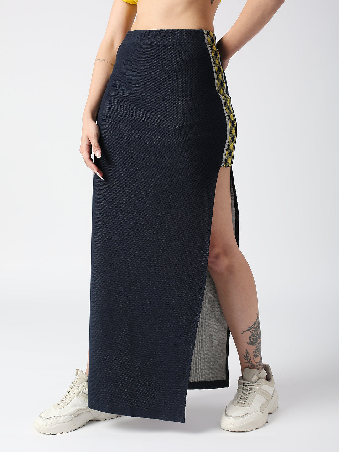 Disrupt Women Navy Side Slit Long Skirt With Checks Detailing