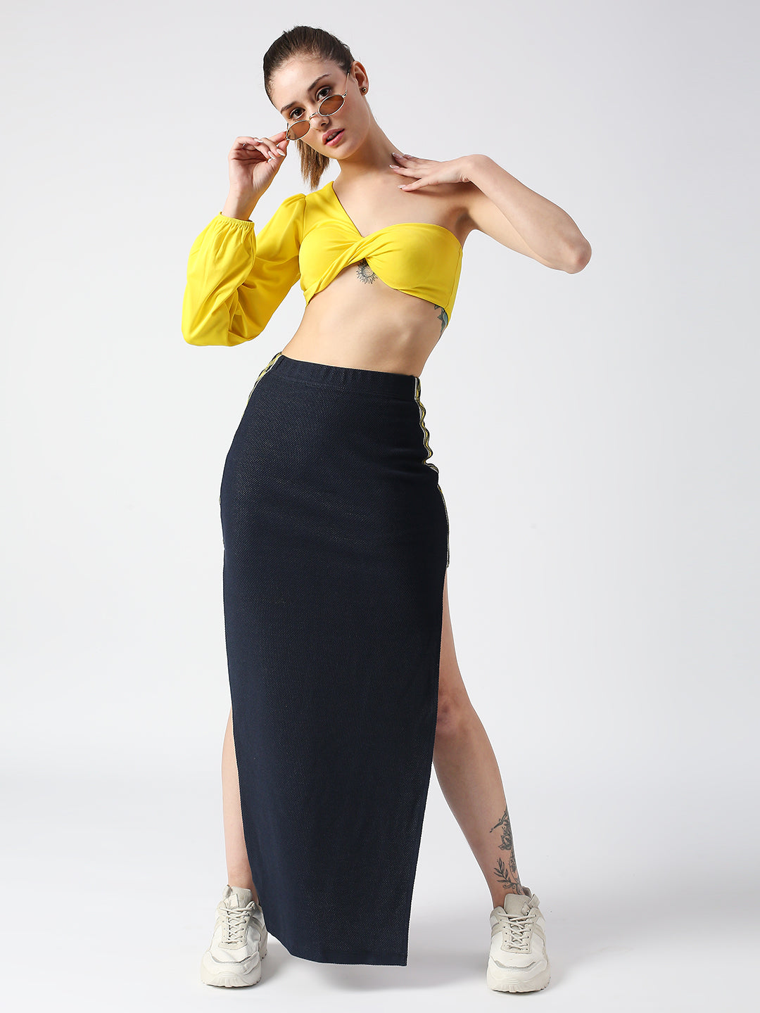 Disrupt Women Navy Side Slit Long Skirt With Checks Detailing