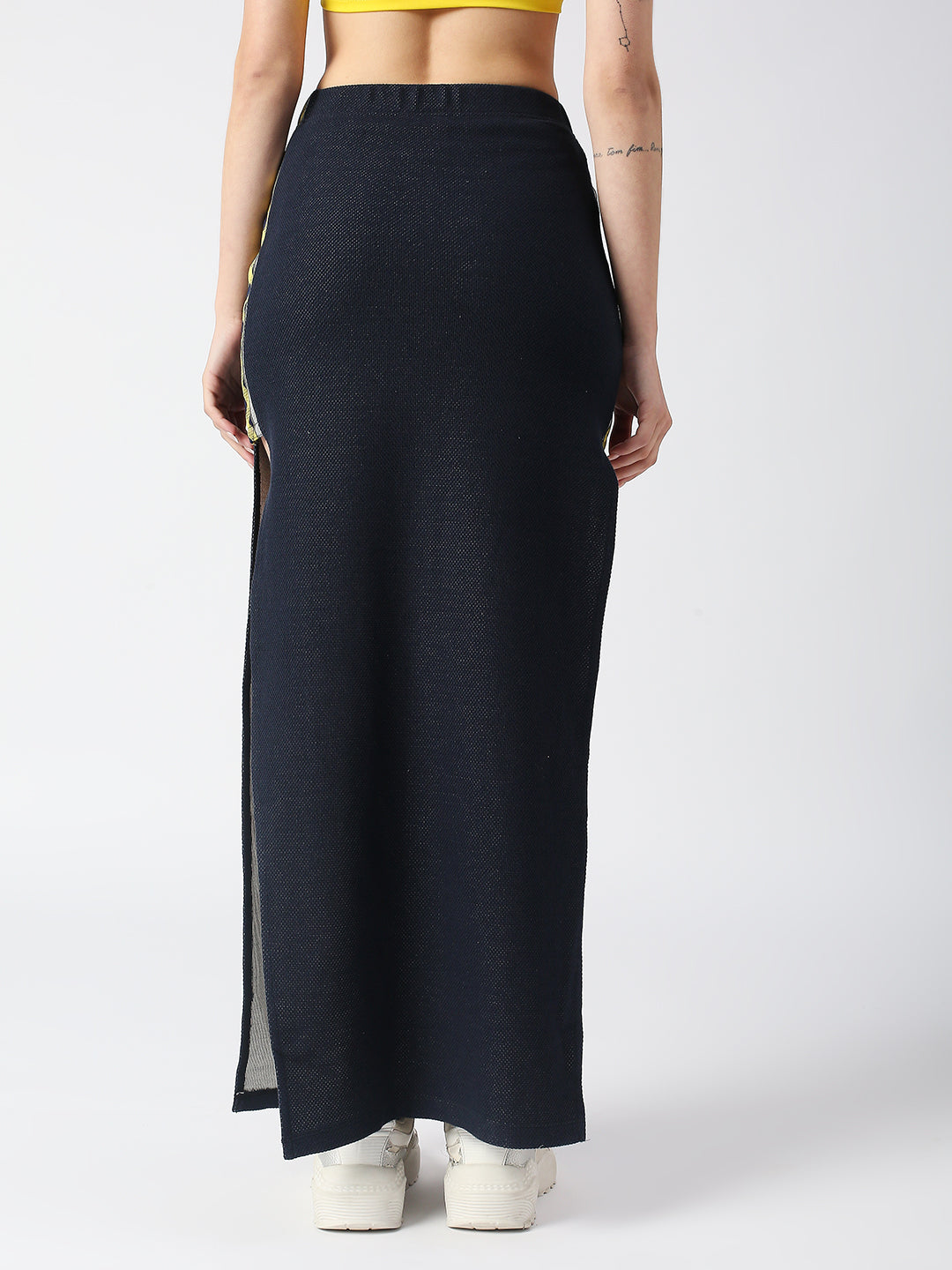 Disrupt Women Navy Side Slit Long Skirt With Checks Detailing