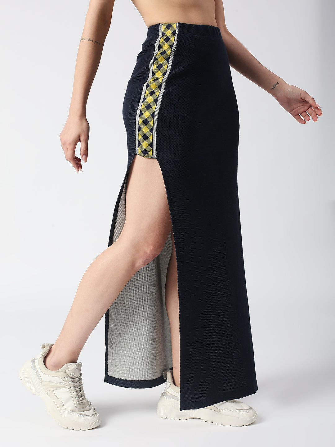Disrupt Women Navy Side Slit Long Skirt With Checks Detailing