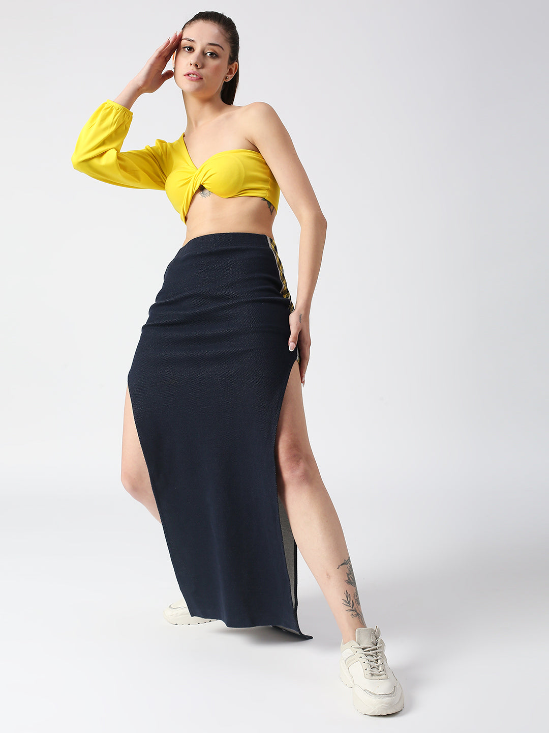 Disrupt Women Navy Side Slit Long Skirt With Checks Detailing