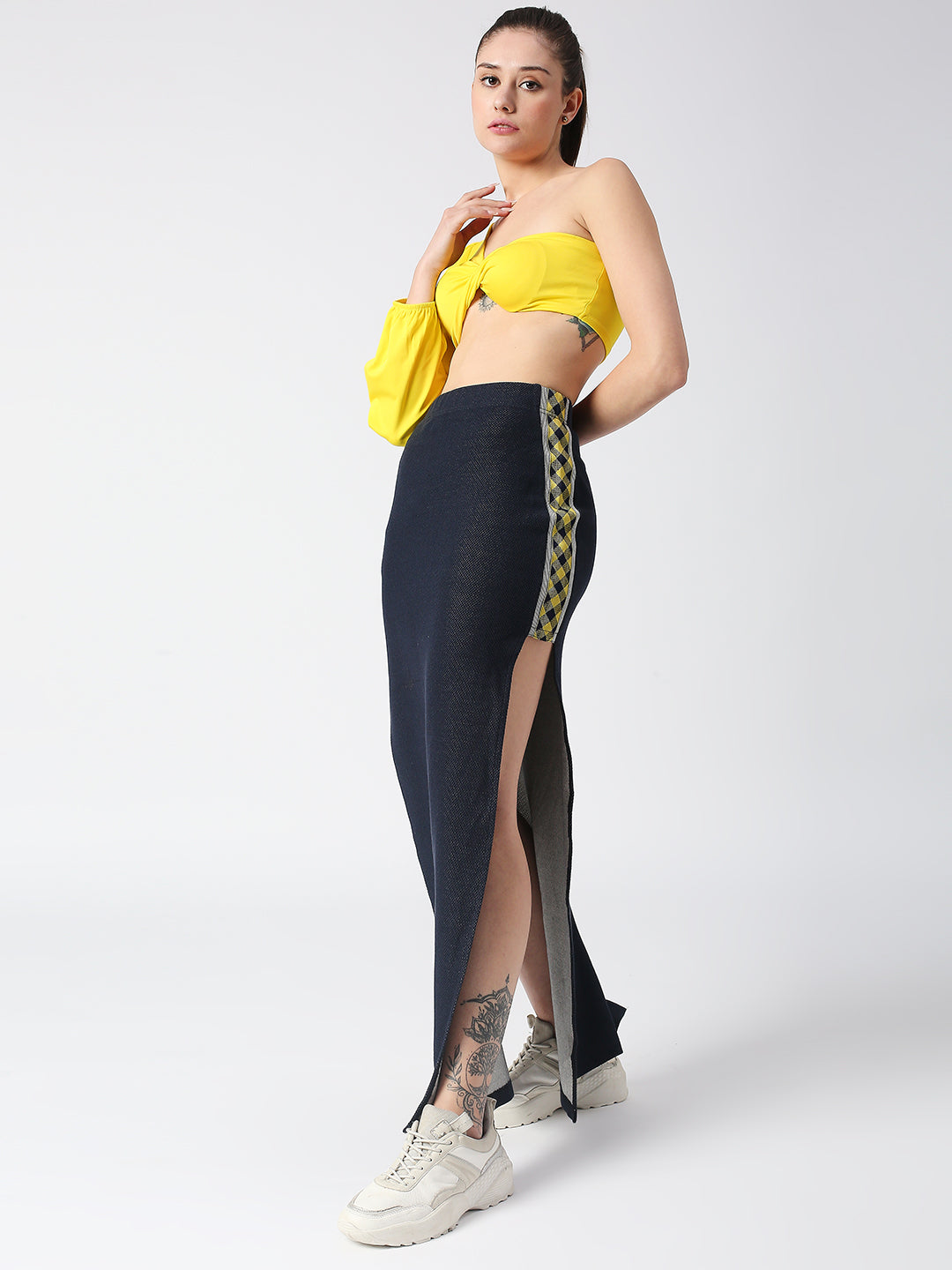 Disrupt Women Navy Side Slit Long Skirt With Checks Detailing
