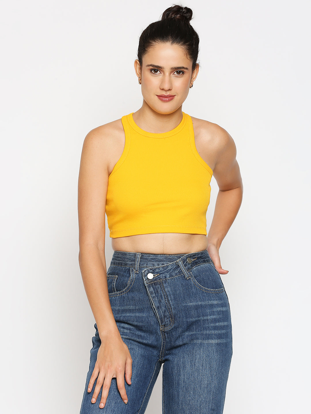 Disrupt Women Sleeveless Yellow Ribbed Crop Top