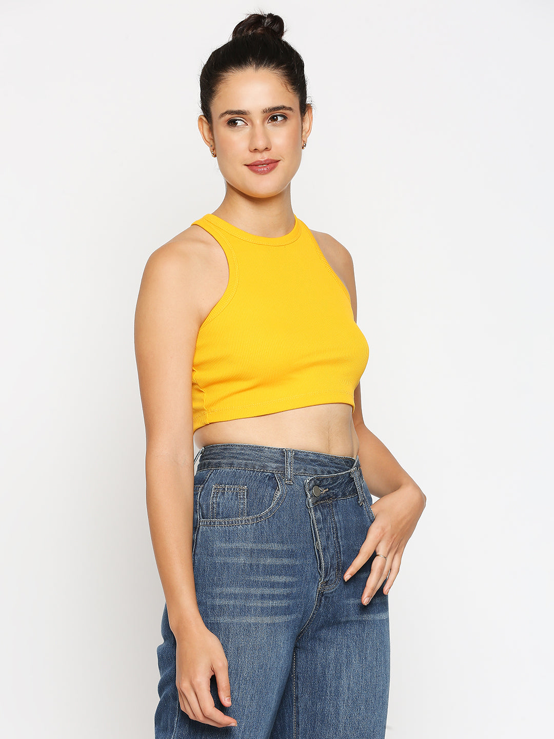 Disrupt Women Sleeveless Yellow Ribbed Crop Top