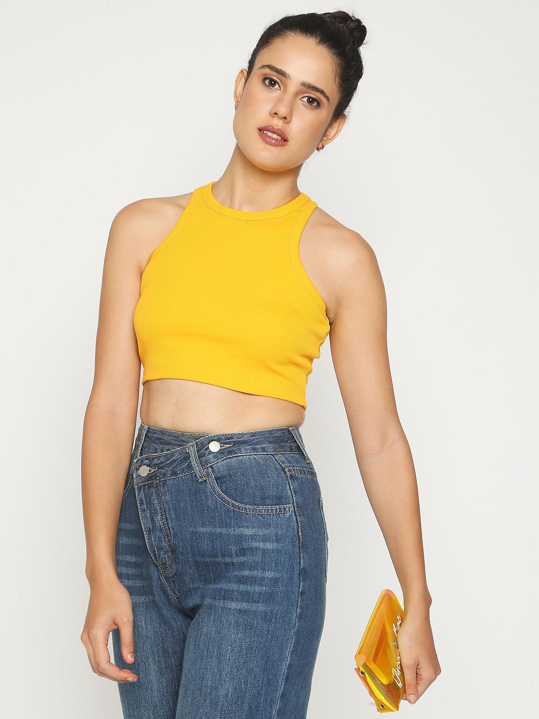 Disrupt Women Sleeveless Yellow Ribbed Crop Top