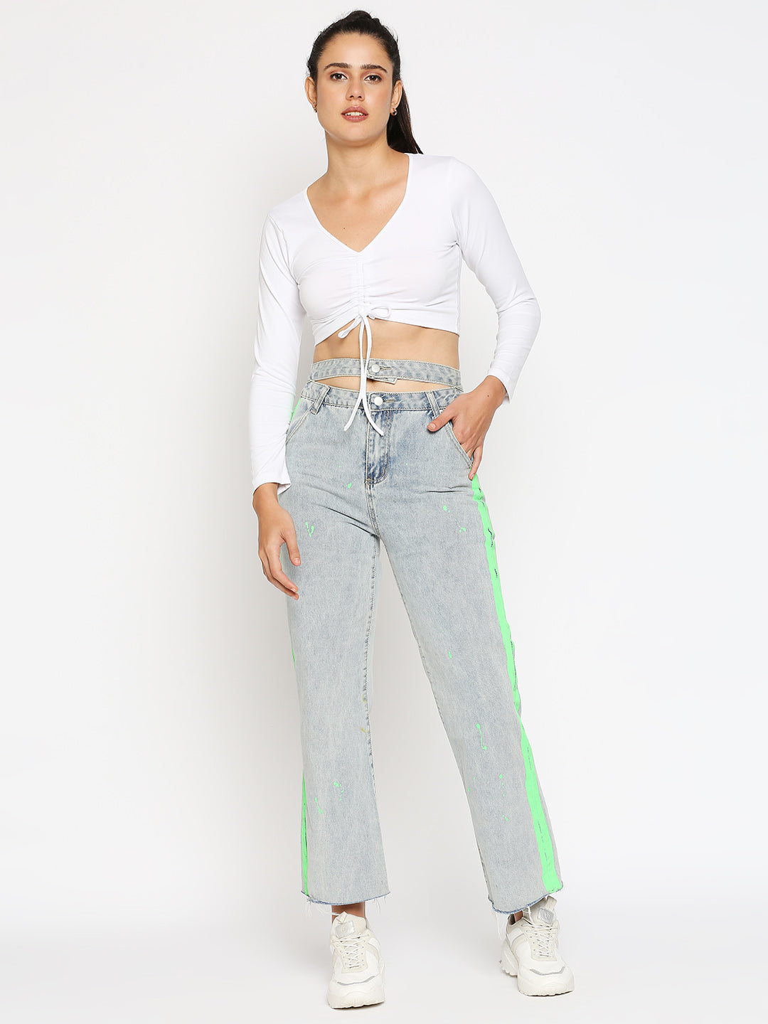 Disrupt Women Long Sleeve Solid White Drawstring Crop Top
