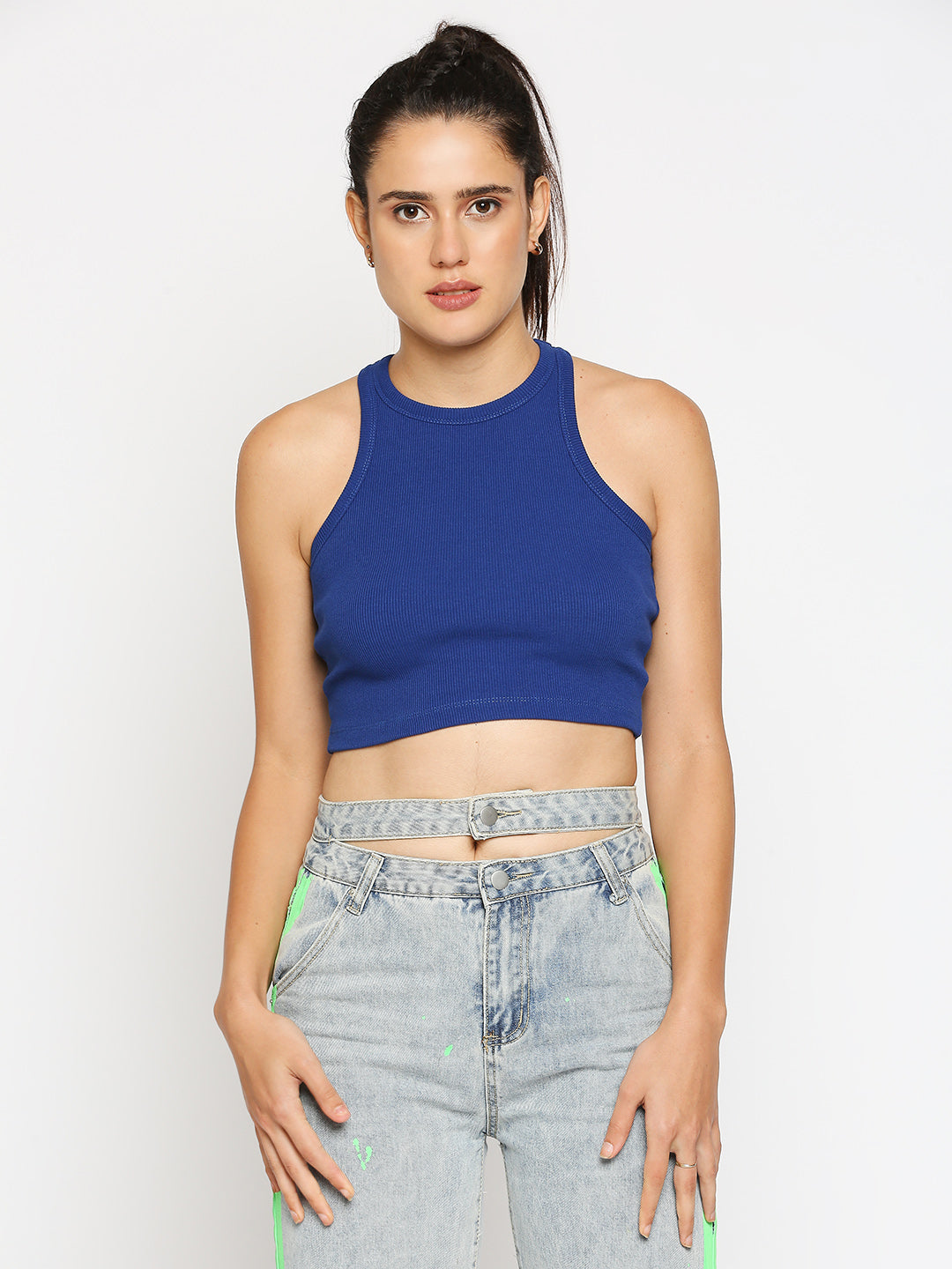 Disrupt Women Sleeveless Royal Blue Ribbed Crop Top