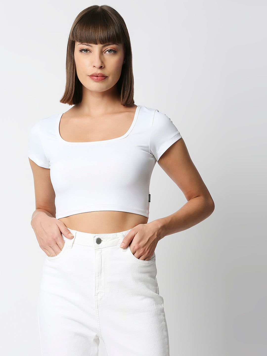 Disrupt Women White Box Neck Slim Fit Smart Crop Top