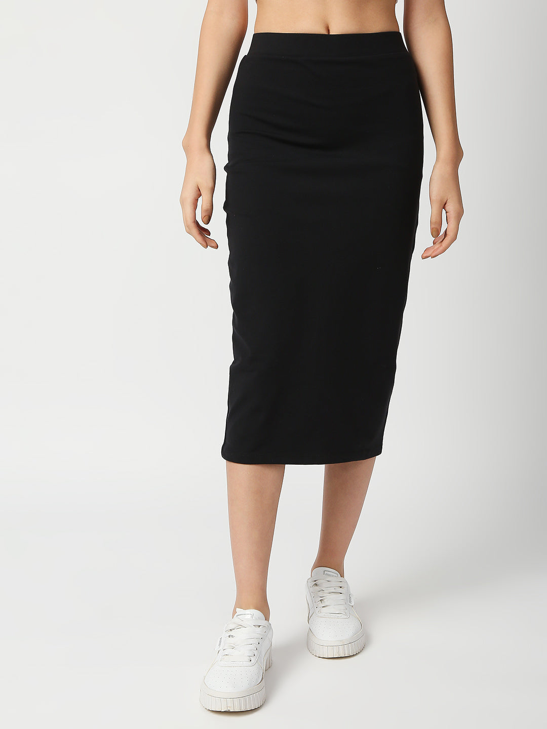 Disrupt Women Black Back Slit Slim Fit Midi Skirt