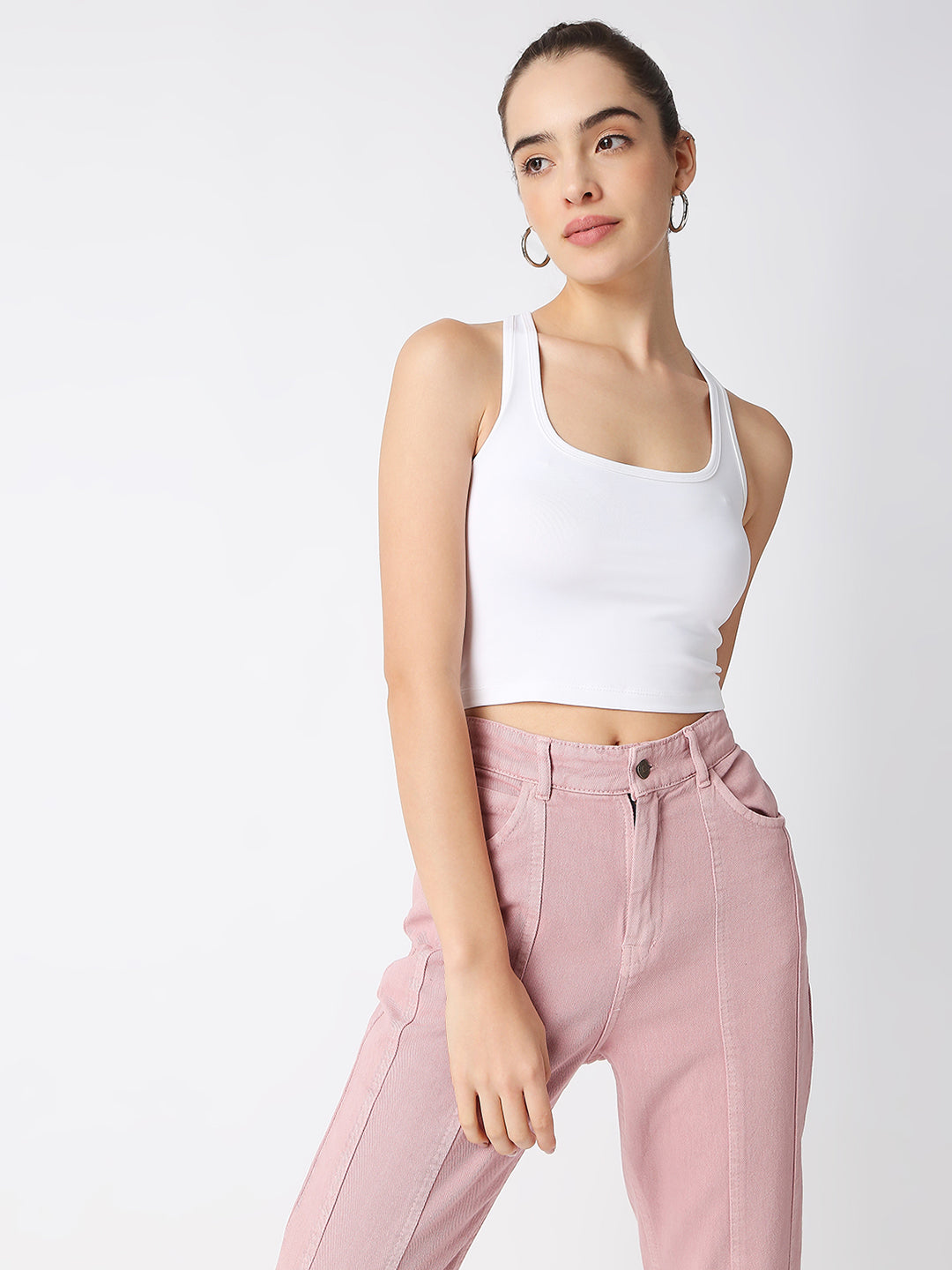 Disrupt Women White Criss Cross Back Scoop Neck Slim Crop Top