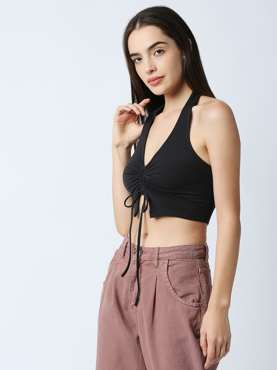 Disrupt Women Black Front Drawstring Halter V Neck Black Slim Fit Crop Top