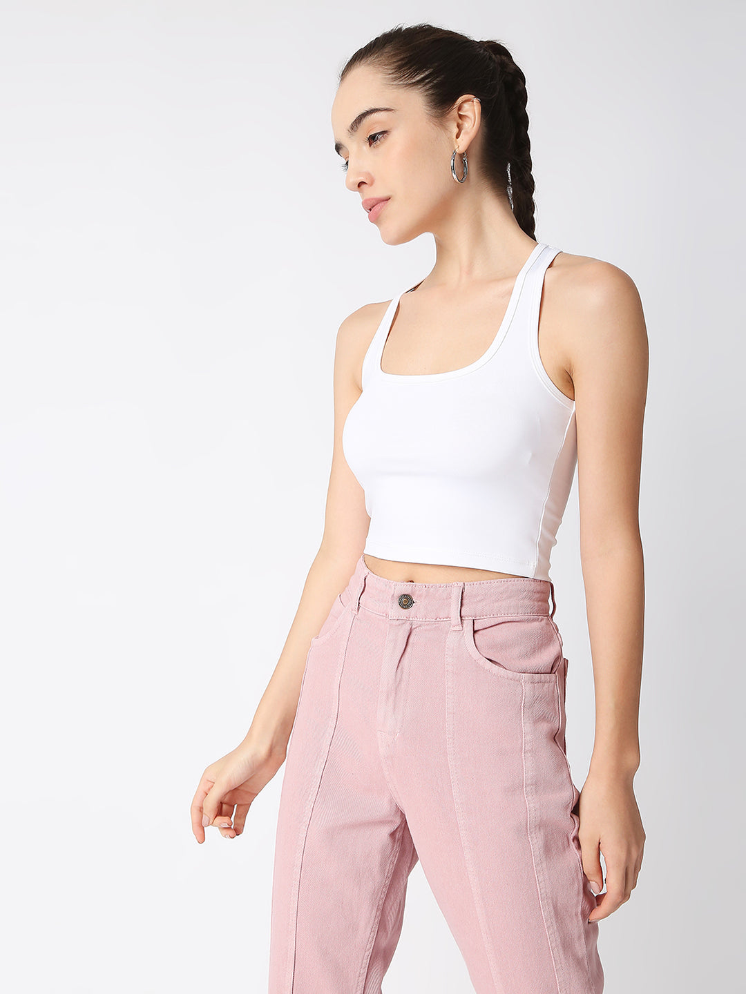 Disrupt Women White Criss Cross Back Scoop Neck Slim Crop Top