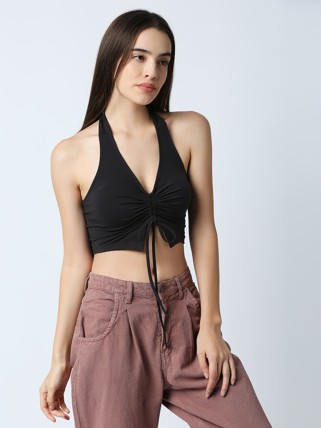 Disrupt Women Black Front Drawstring Halter V Neck Black Slim Fit Crop Top