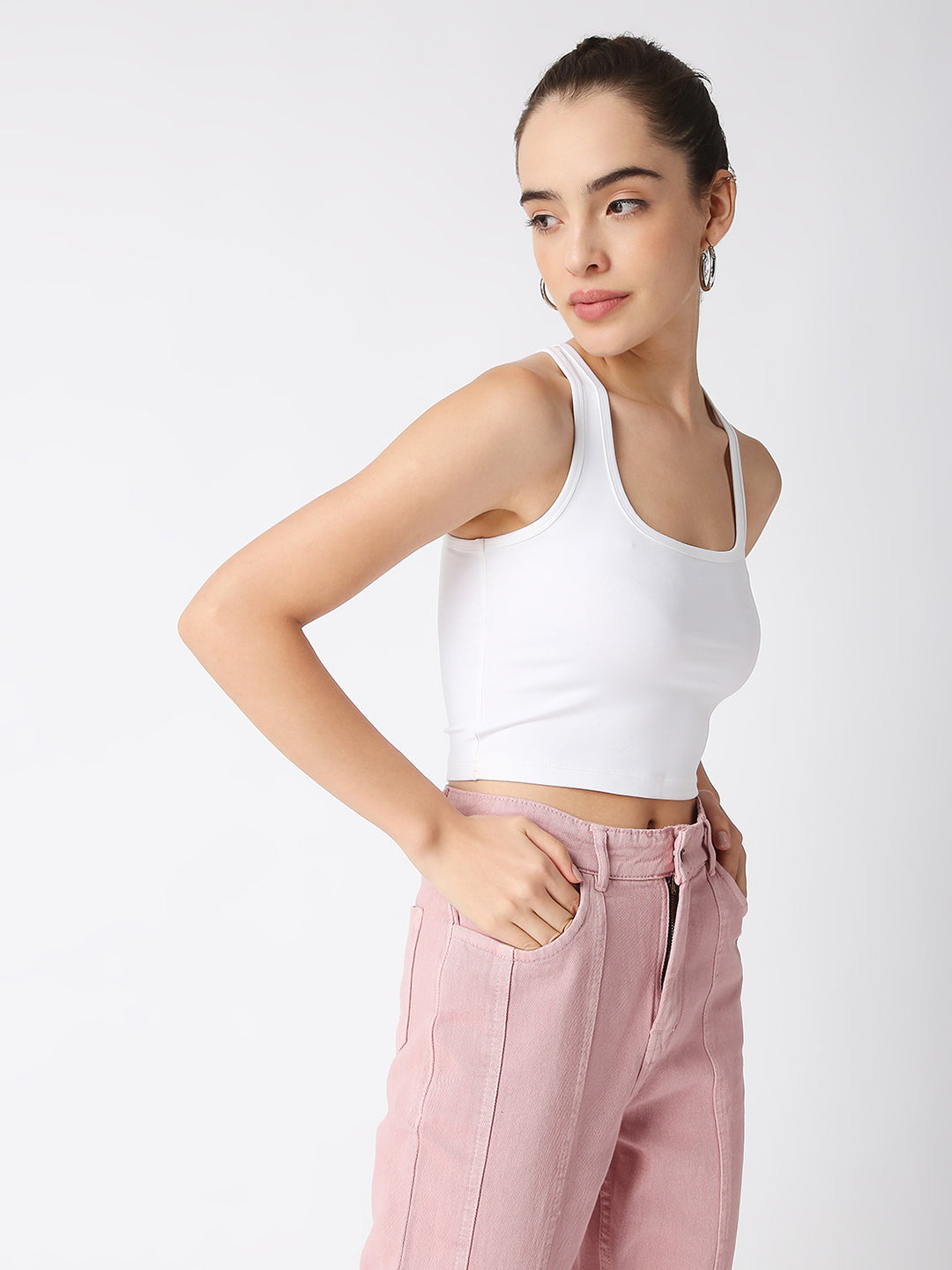 Disrupt Women White Criss Cross Back Scoop Neck Slim Crop Top