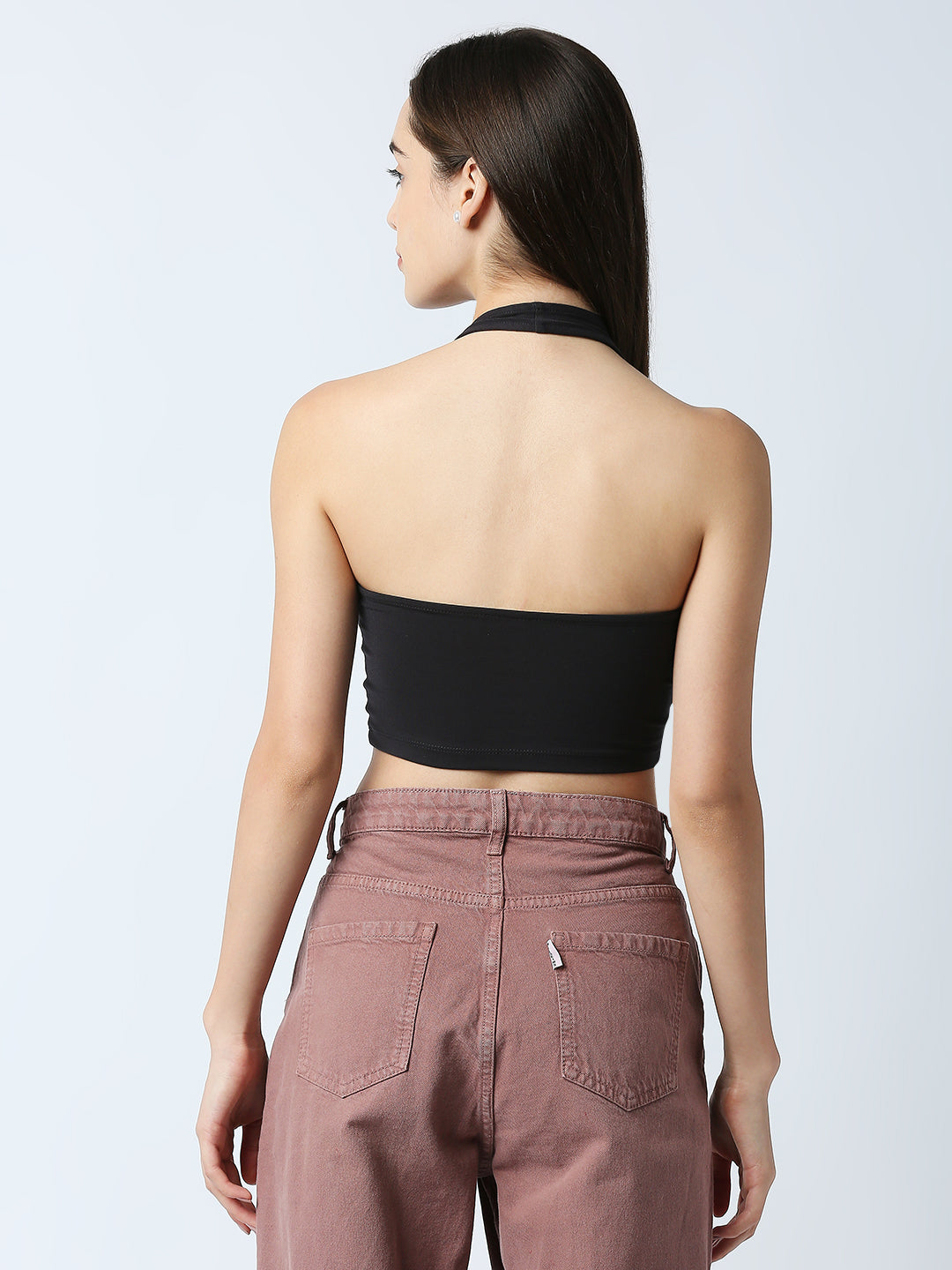 Disrupt Women Black Front Drawstring Halter V Neck Black Slim Fit Crop Top