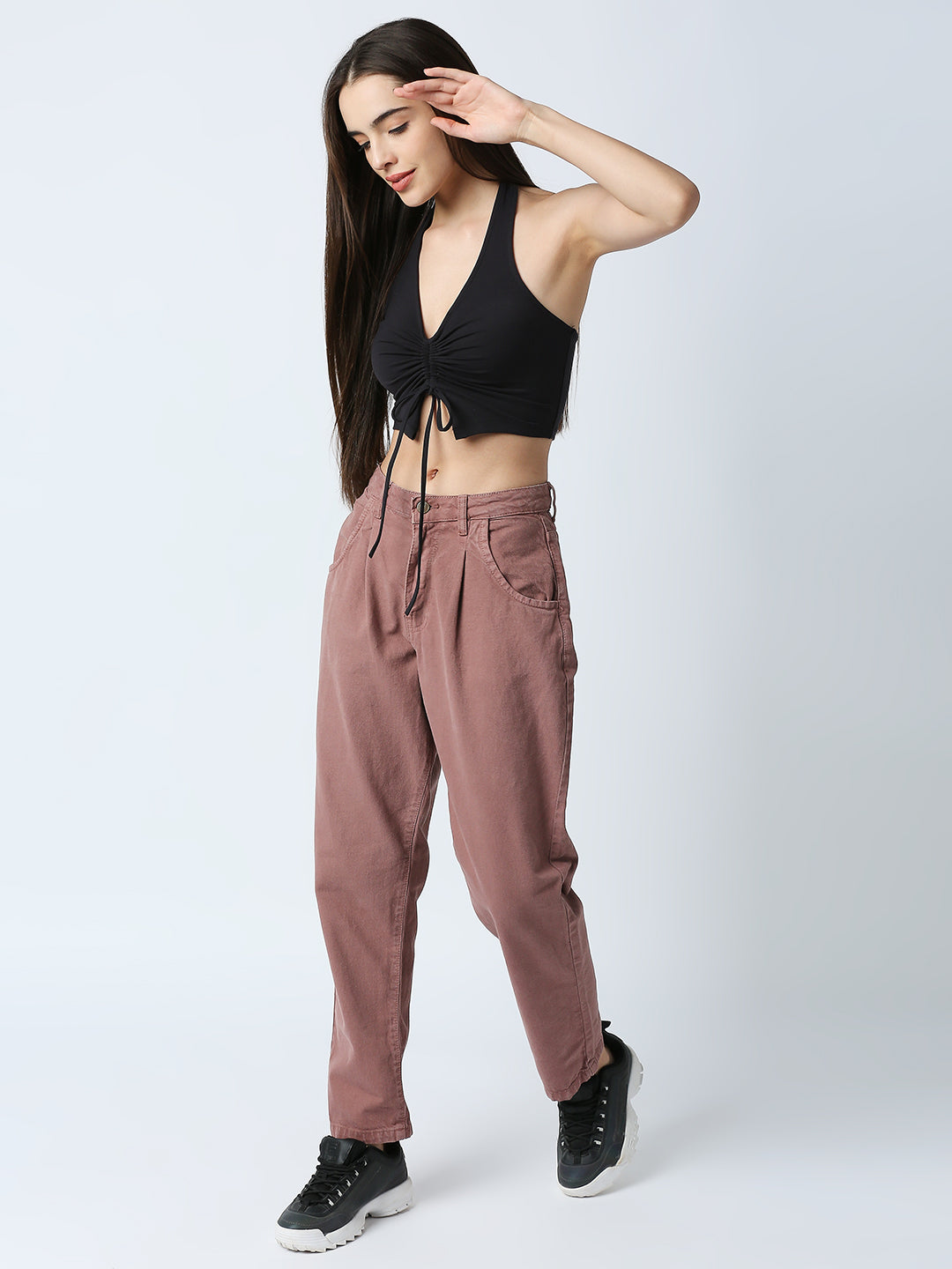 Disrupt Women Black Front Drawstring Halter V Neck Black Slim Fit Crop Top