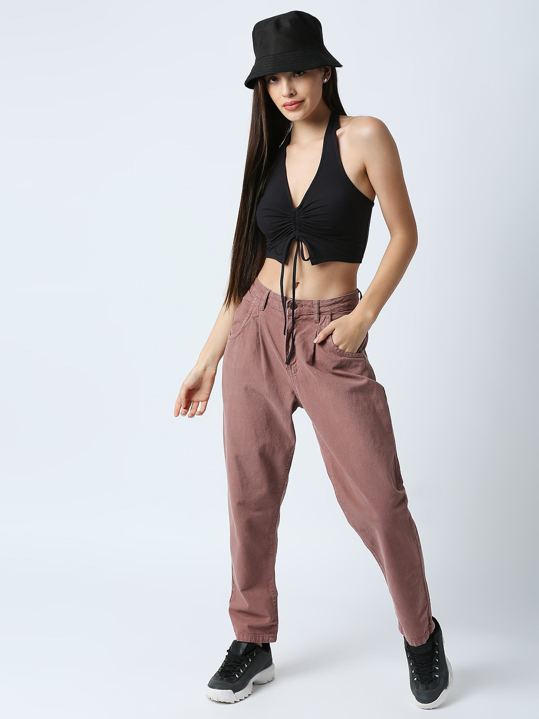 Disrupt Women Black Front Drawstring Halter V Neck Black Slim Fit Crop Top