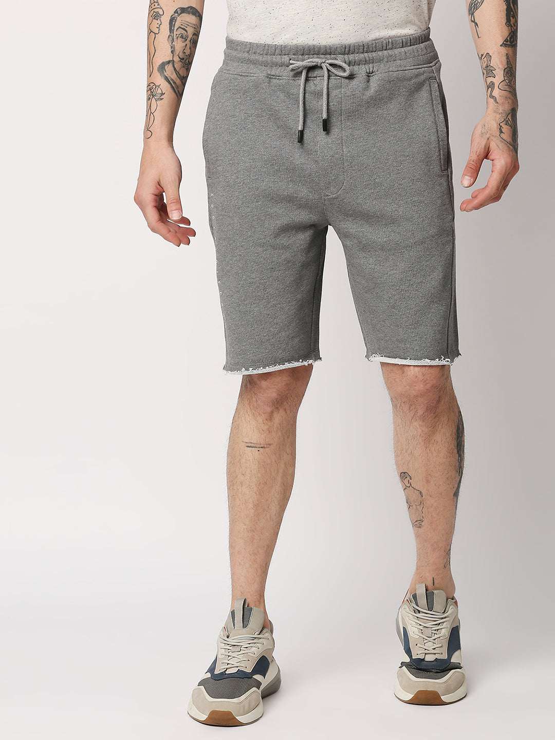 Disrupt Mens Grey Raw-edge Hem Graphic Print Shorts
