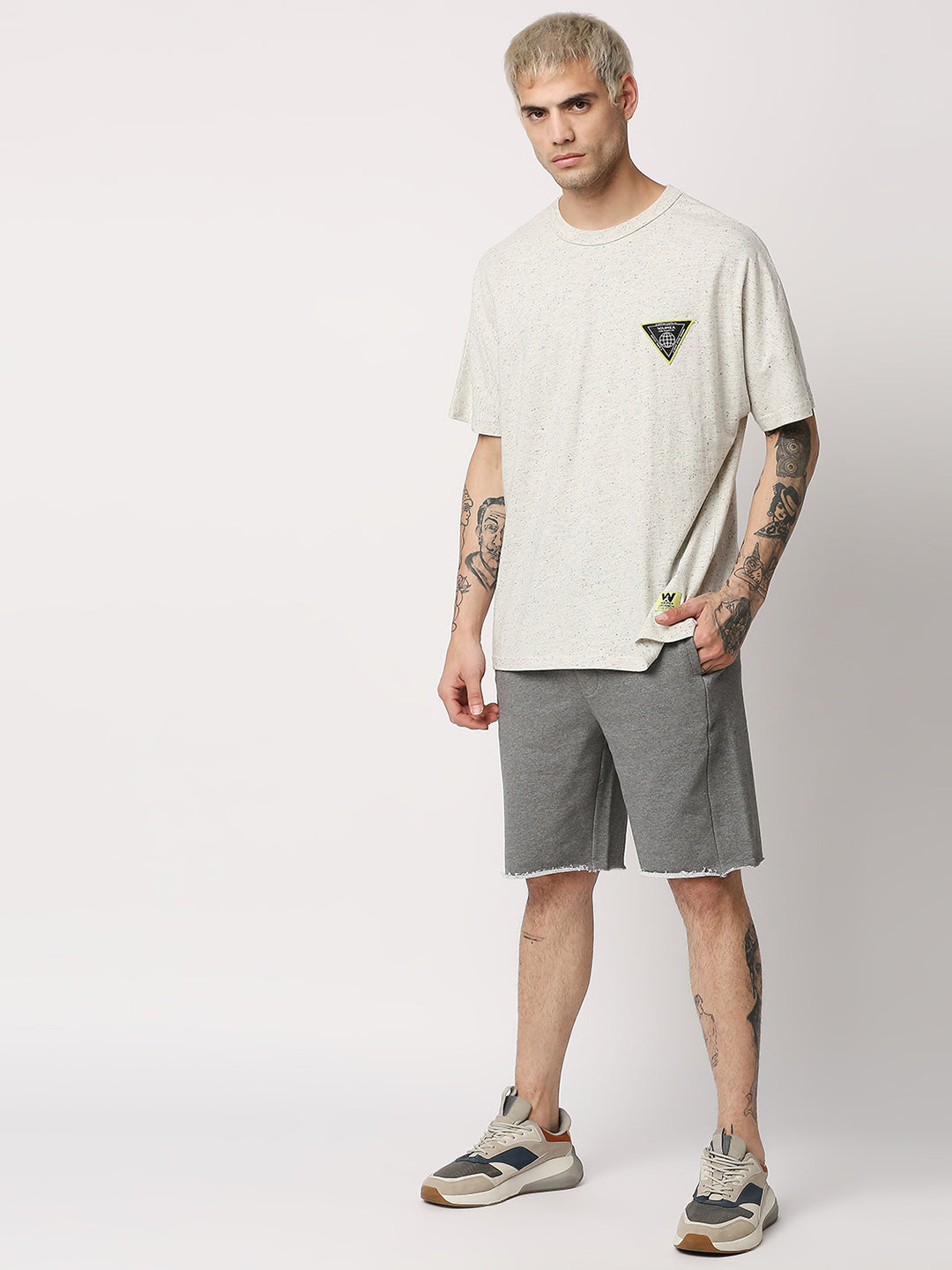 Disrupt Mens Grey Raw-edge Hem Graphic Print Shorts