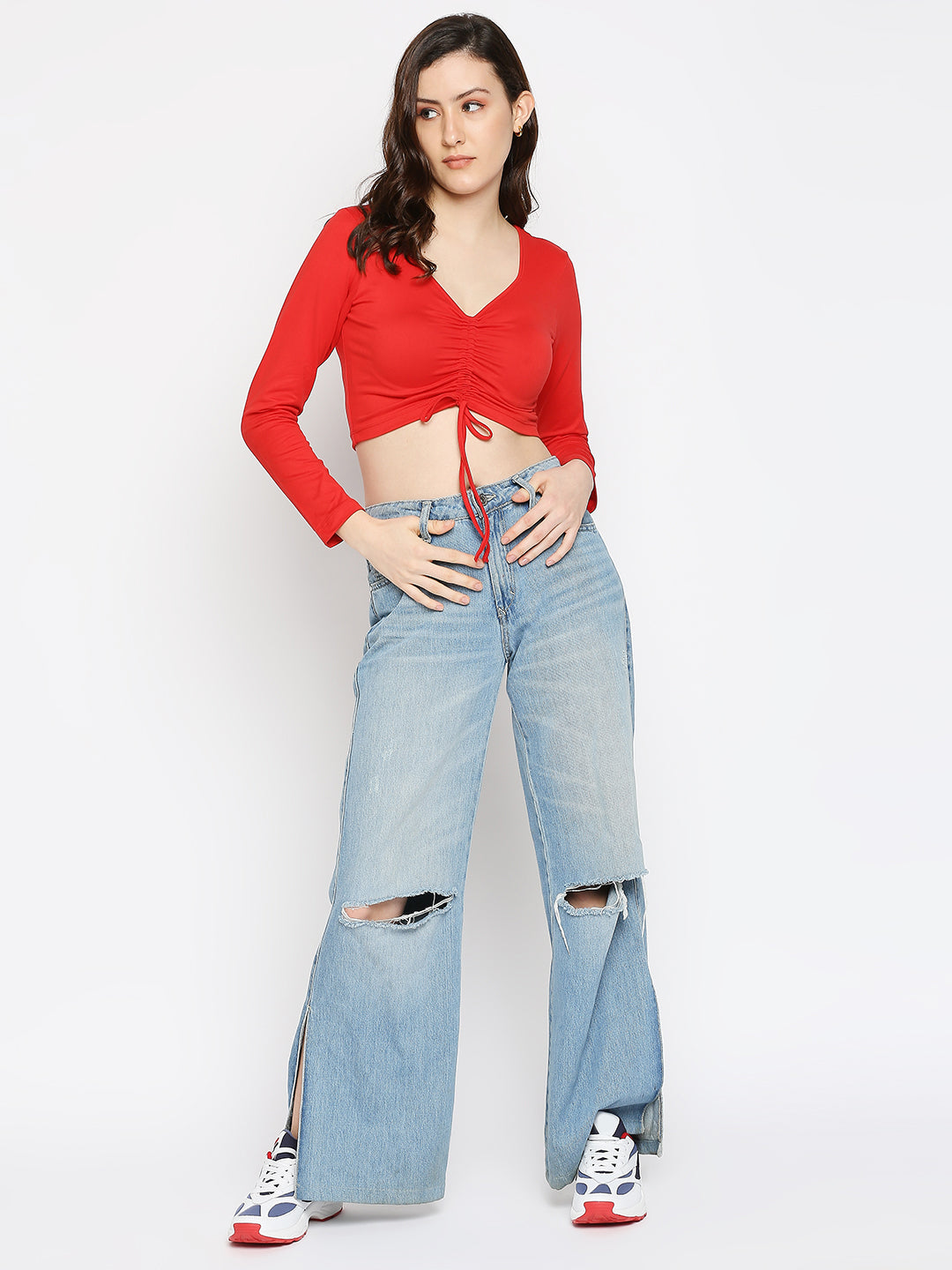 Disrupt Women Long Sleeve Solid Red Drawstring Crop Top