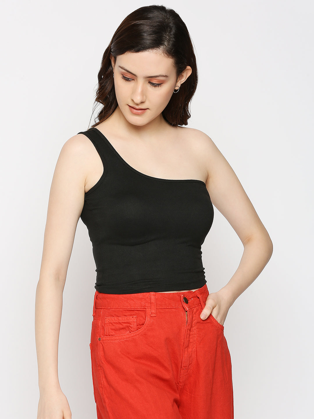 Disrupt One Shoulder Slim Fit Black Top