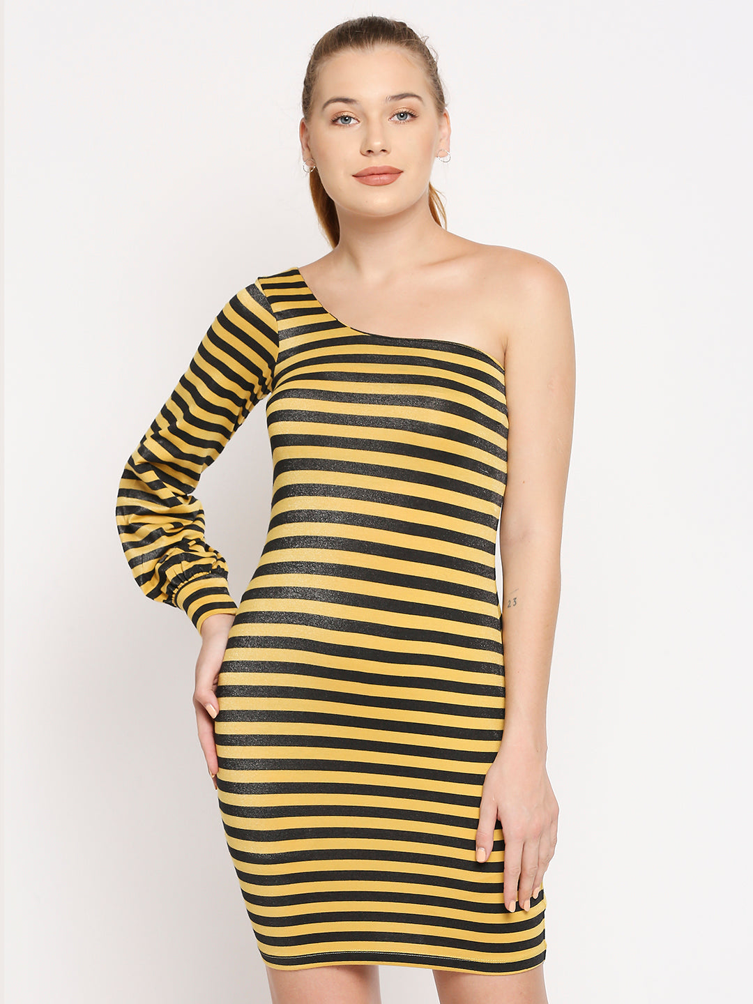 Disrupt Women Yellow One Shoulder Shimmer Striped Dress