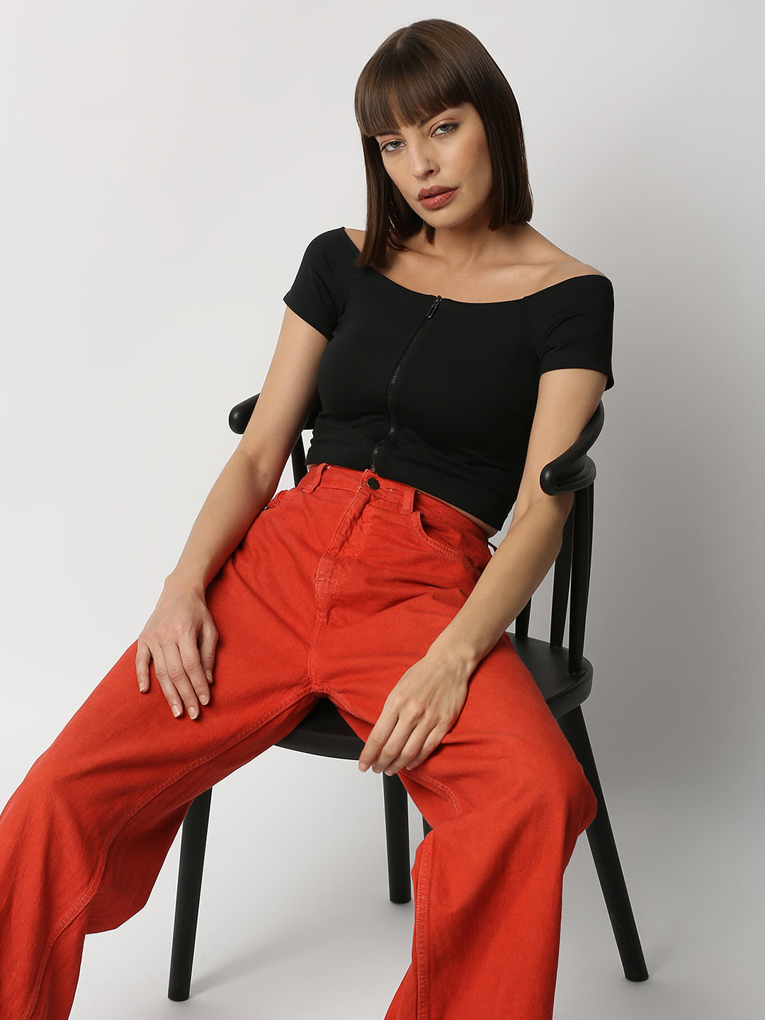 Disrupt Women Black Off-shoulder Slim Fit Crop Top