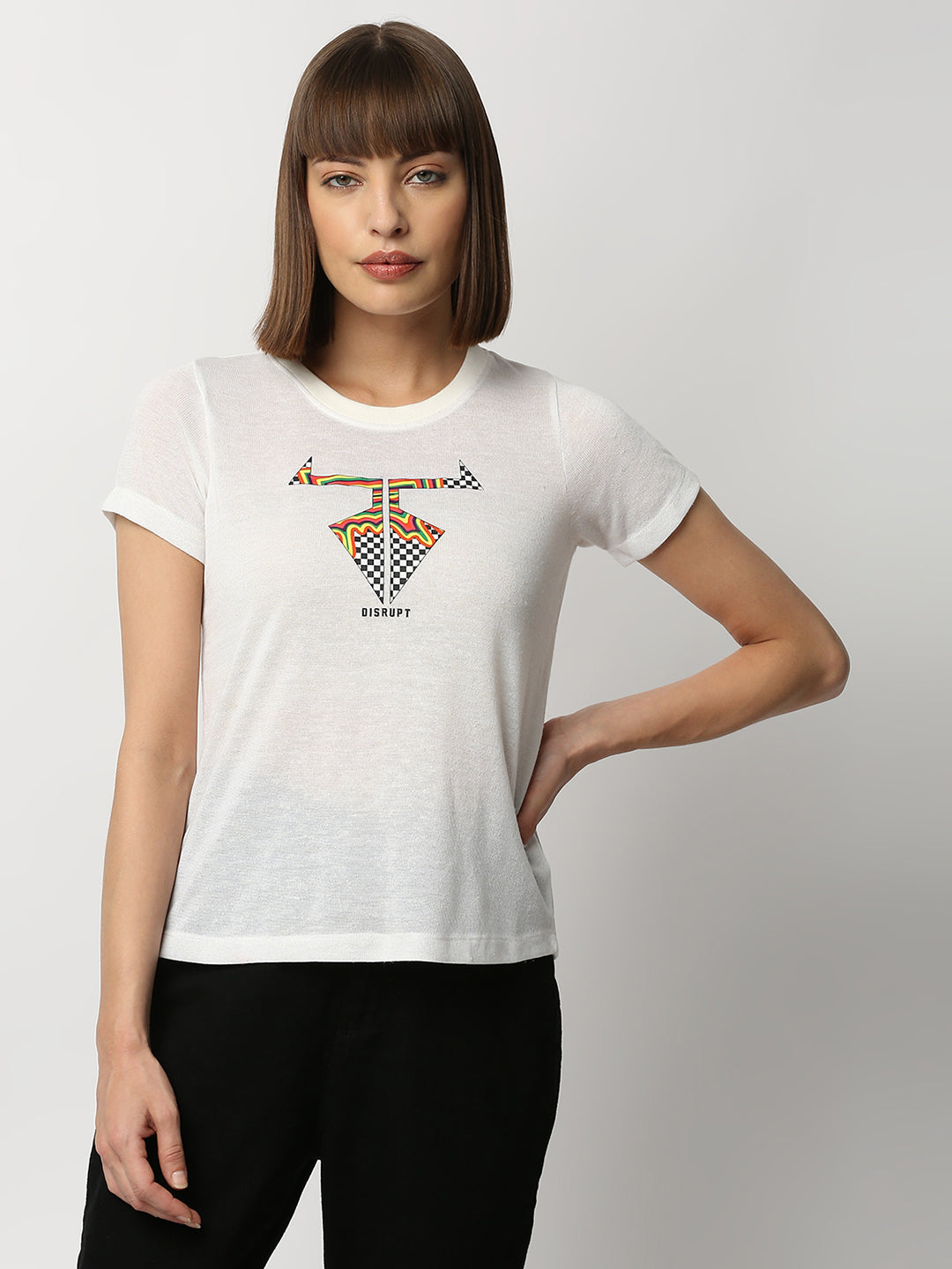 Disrupt Women White Checkered Logo Print Comfort Fit T-shirt