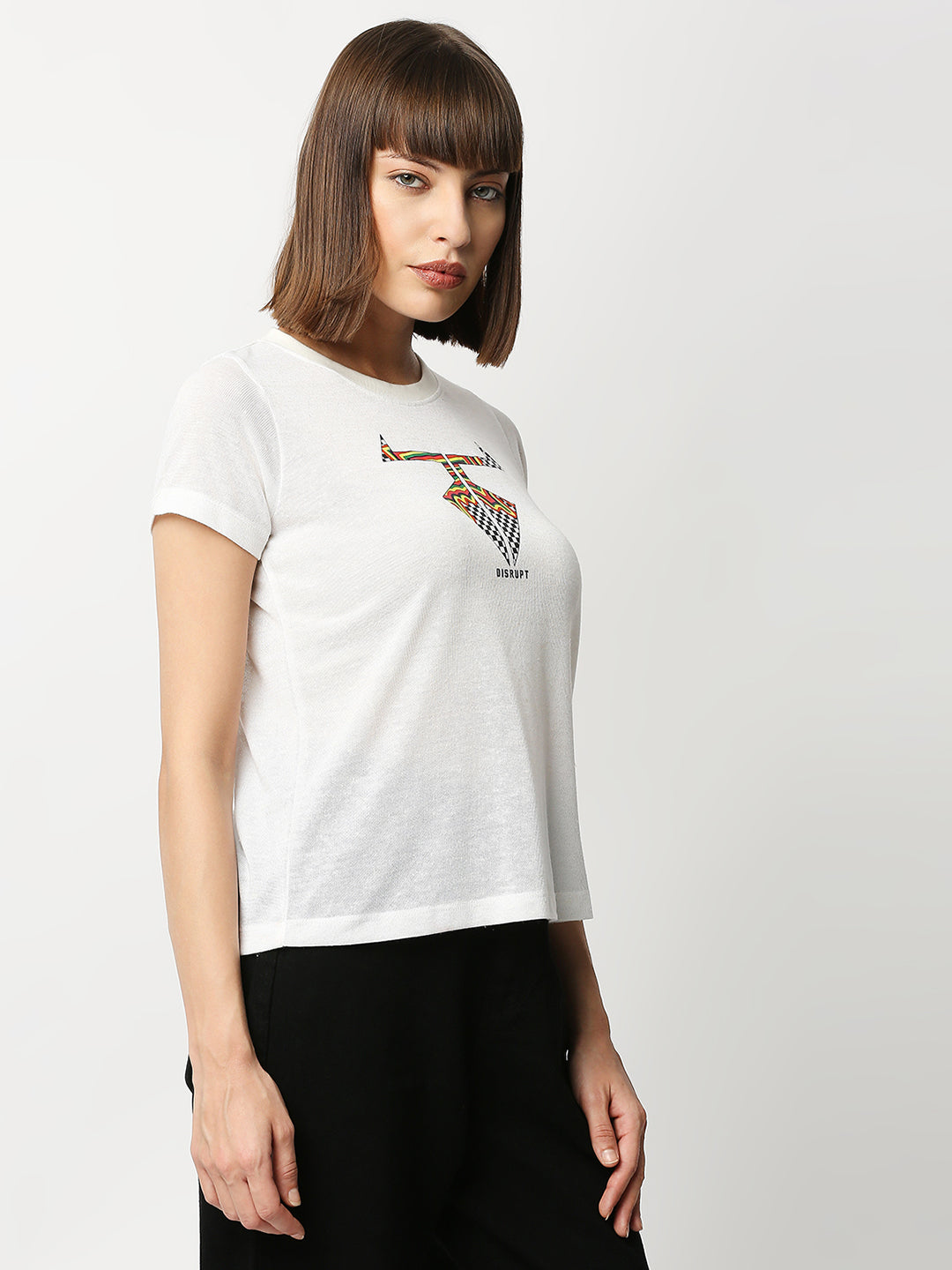 Disrupt Women White Checkered Logo Print Comfort Fit T-shirt