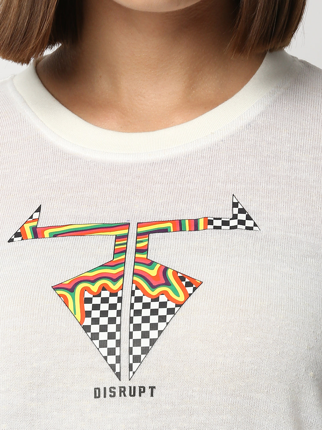 Disrupt Women White Checkered Logo Print Comfort Fit T-shirt