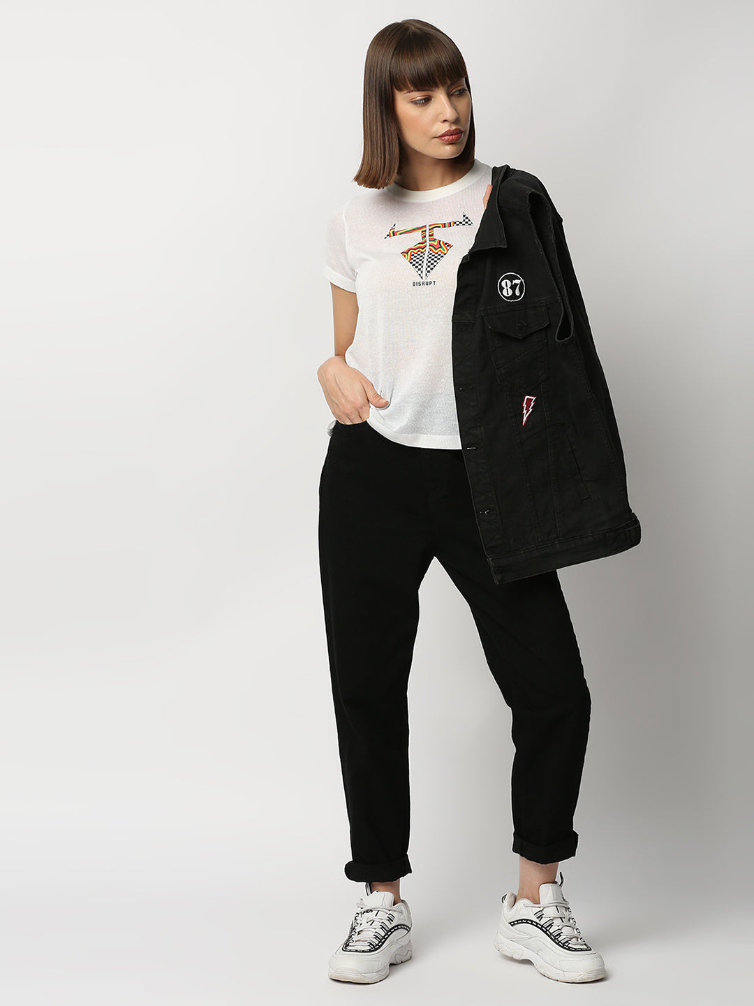 Disrupt Women White Checkered Logo Print Comfort Fit T-shirt