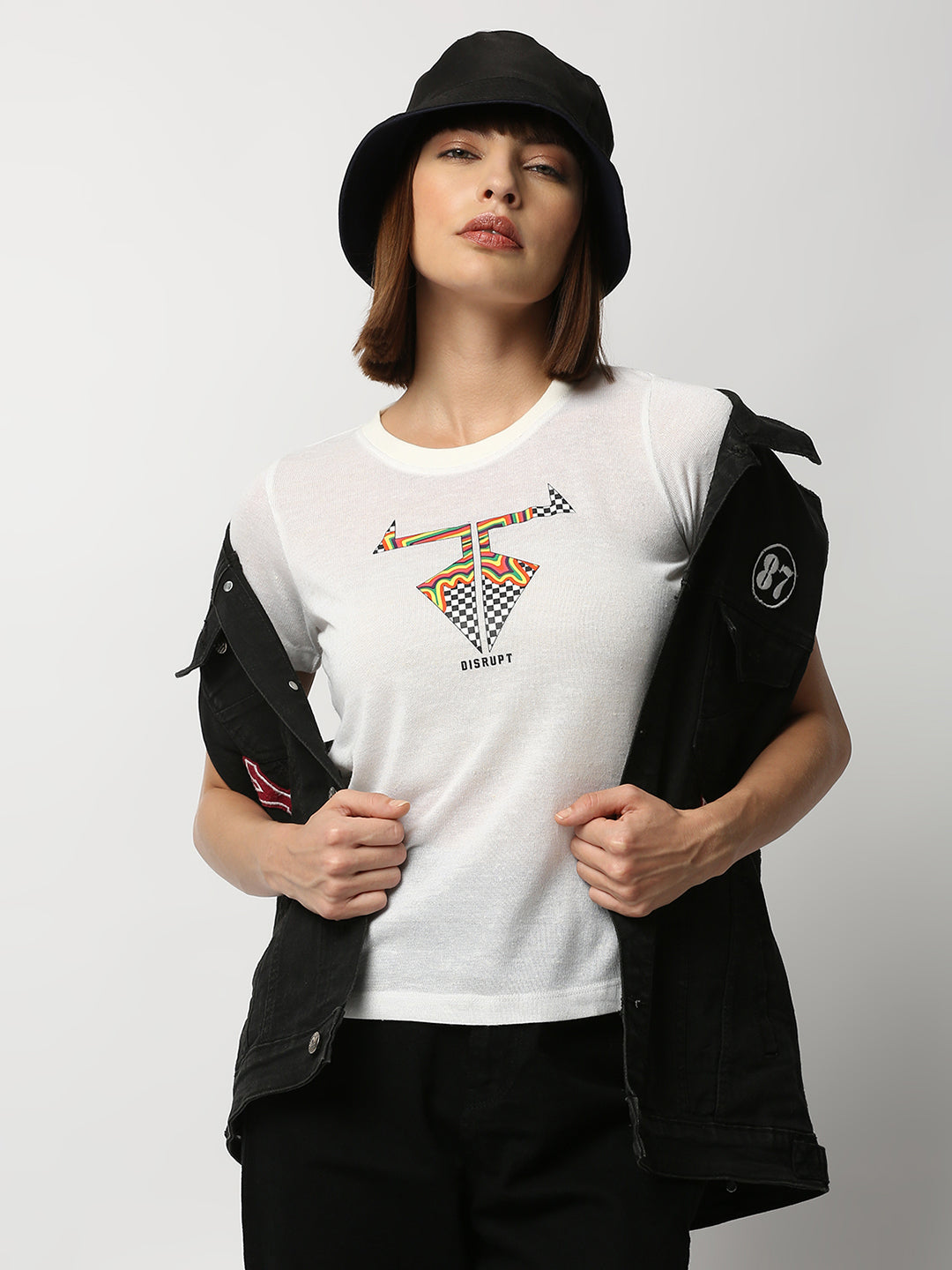 Disrupt Women White Checkered Logo Print Comfort Fit T-shirt