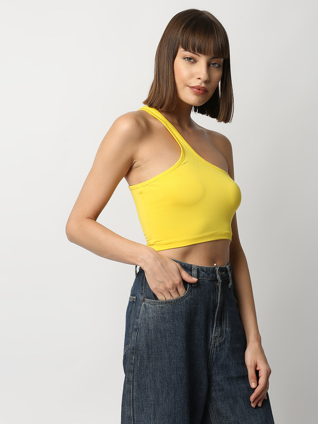 Disrupt Women Yellow One Shoulder Slim Fit Crop Top
