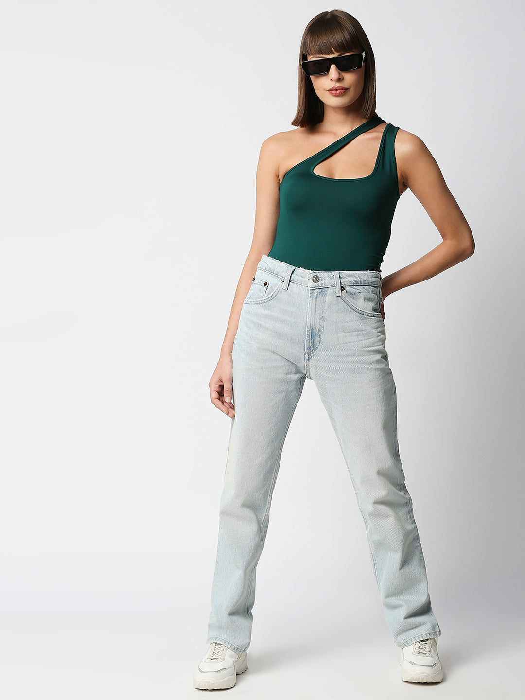 Disrupt Women Green One-Shoulder Cut-Out Square Neck Slim Crop Top
