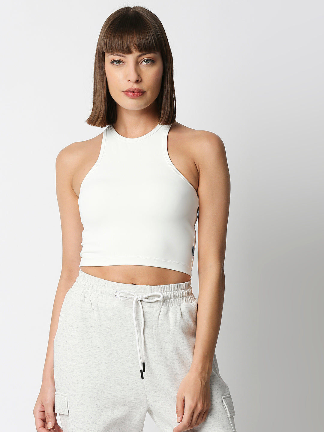 Disrupt Women White Racer Back High Neck Slim Fit Smart Crop Top