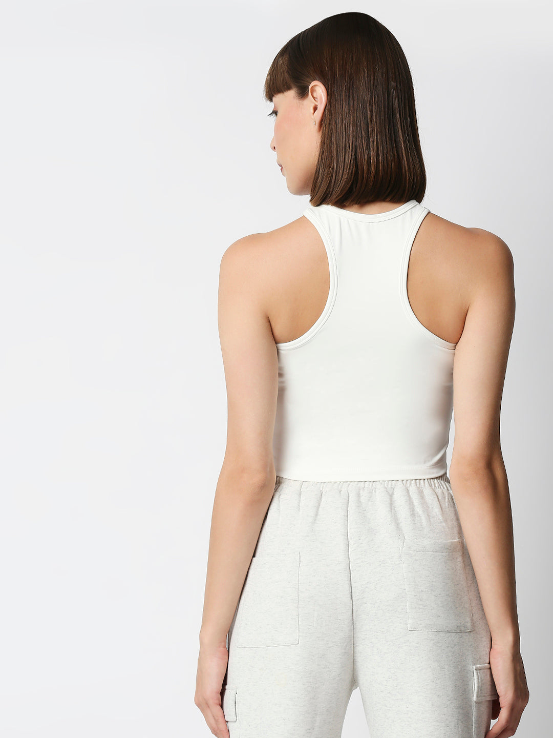 Disrupt Women White Racer Back High Neck Slim Fit Smart Crop Top