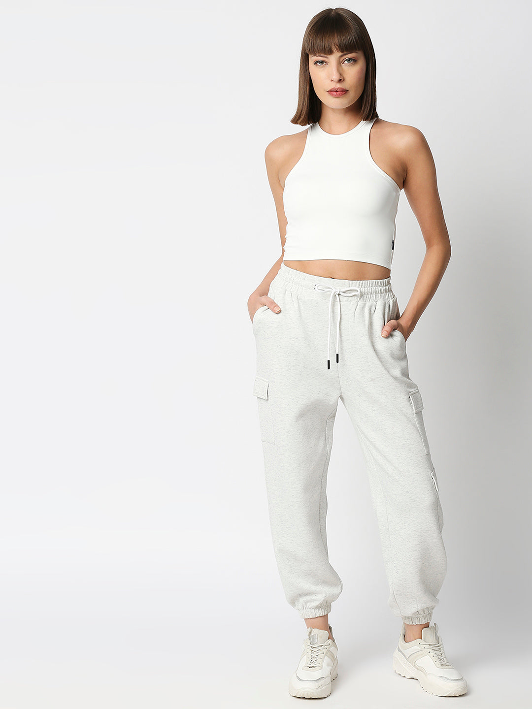 Disrupt Women White Racer Back High Neck Slim Fit Smart Crop Top