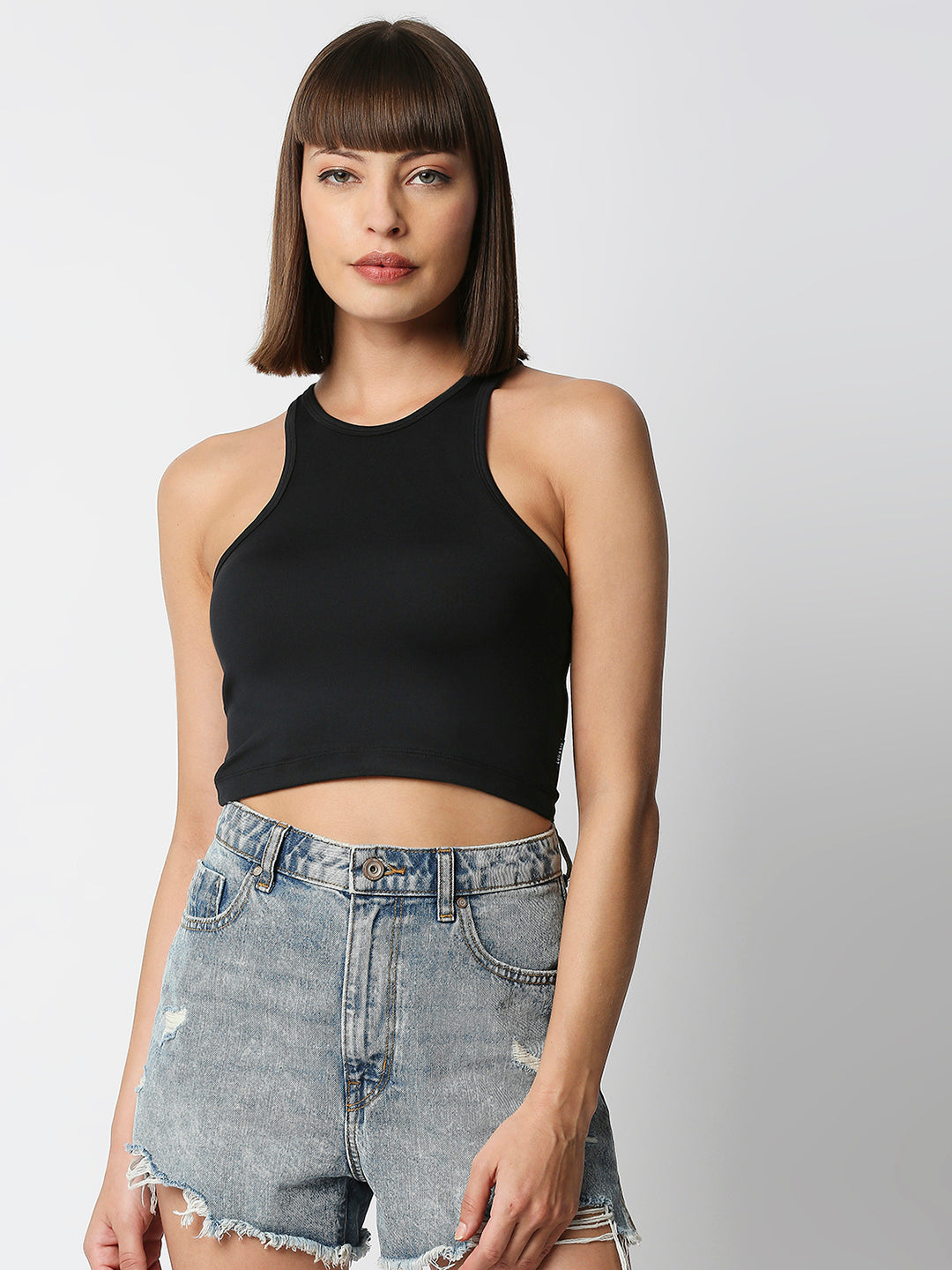 Disrupt Women Black Racer Back High Neck Slim Fit Smart Crop Top
