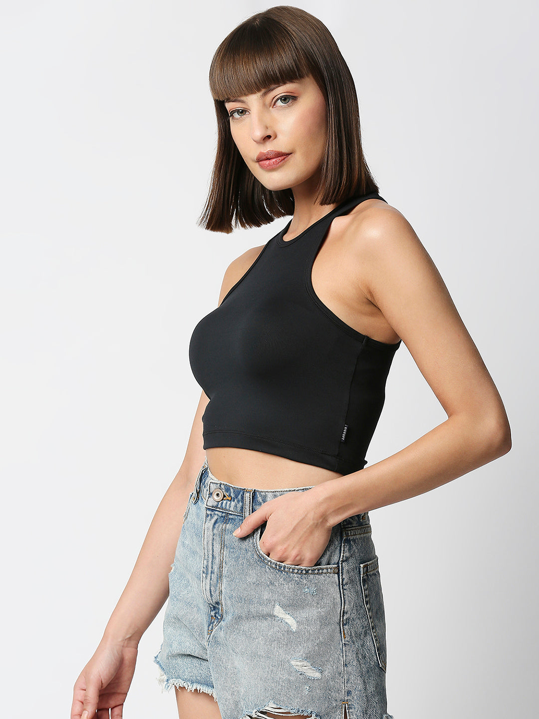 Disrupt Women Black Racer Back High Neck Slim Fit Smart Crop Top