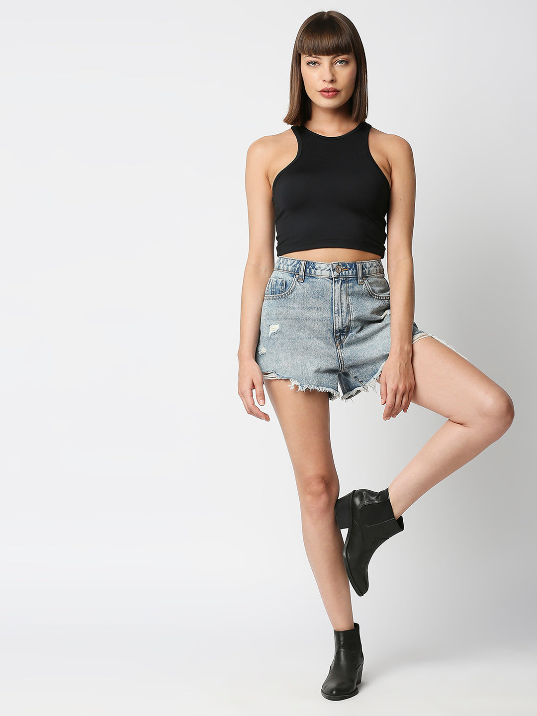 Disrupt Women Black Racer Back High Neck Slim Fit Smart Crop Top