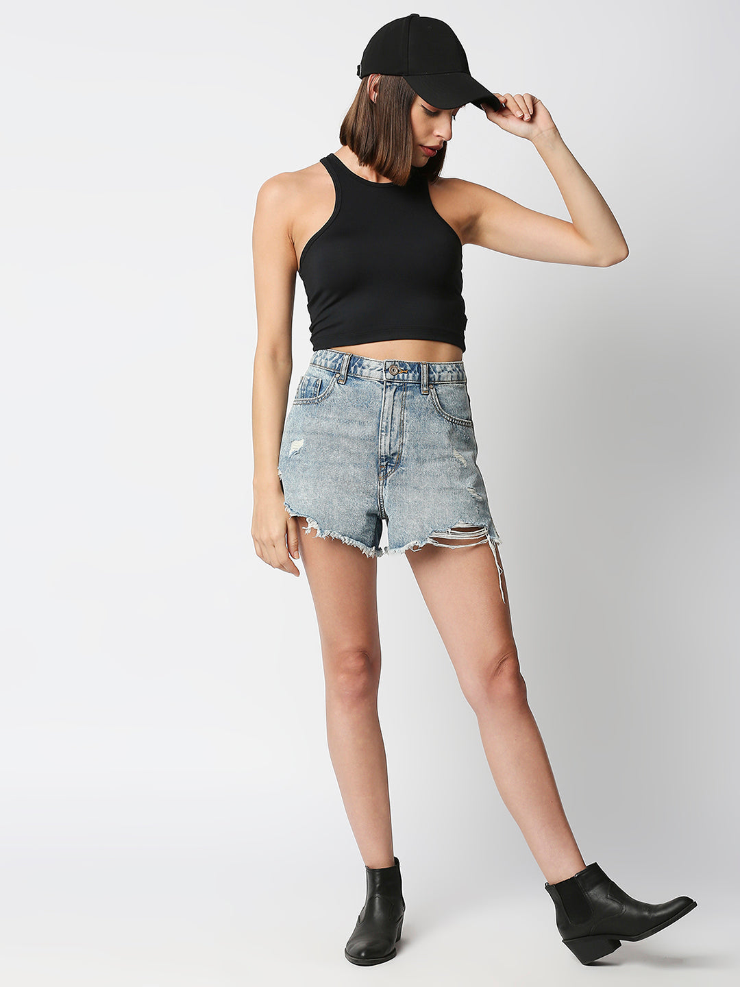 Disrupt Women Black Racer Back High Neck Slim Fit Smart Crop Top
