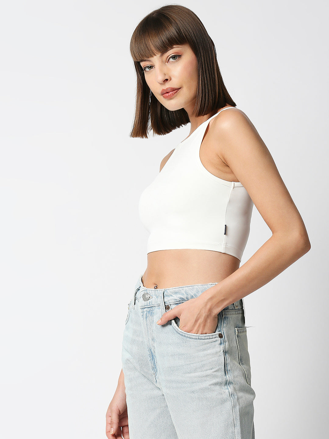 Disrupt Women White Spaghetti Square Neck Slim Crop Top